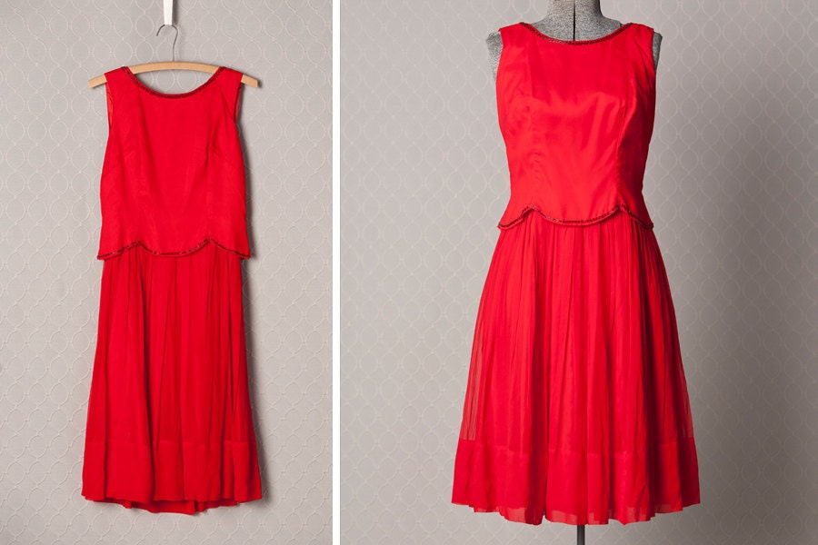Womens 1960s Red Formal Chiffon Party Dress // Medium