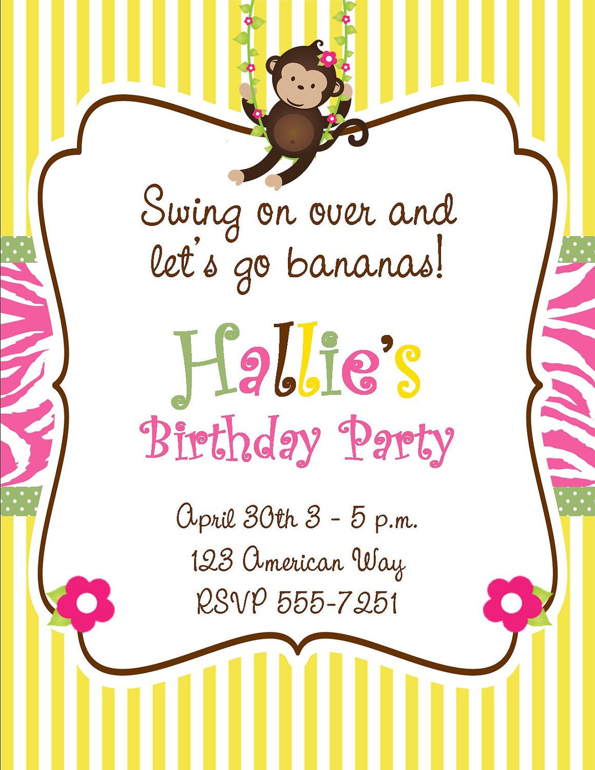 Pink & Green Monkey - Party Invitation - Girl Birthday PRINTABLE Il_170x135