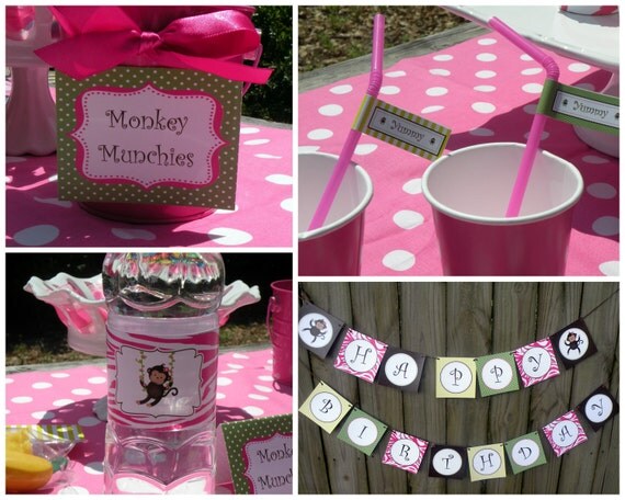 Pink & Green Monkey - Big Party Package - Girl Birthday - PRINTABLE Il_570xn