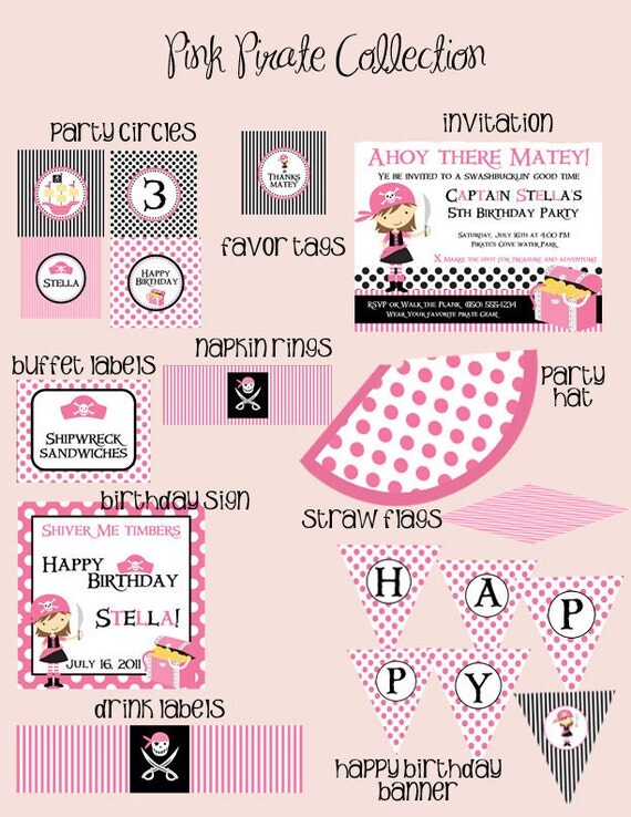 Pink Pirate Essentials Birthday Party Package - Girl DIY Printable Il_570xn