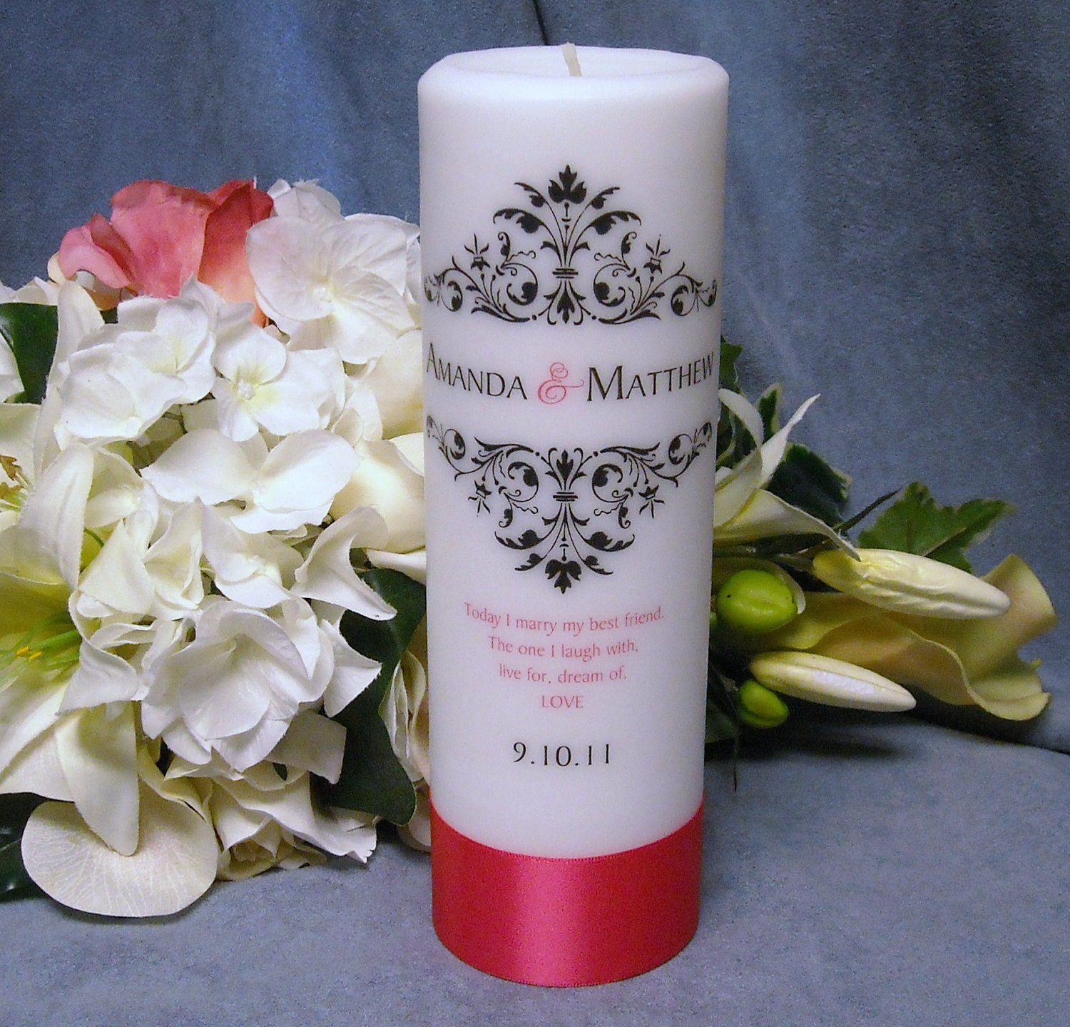 Unity Candle With Tapers Elegant Design Personalized - Your choice of color