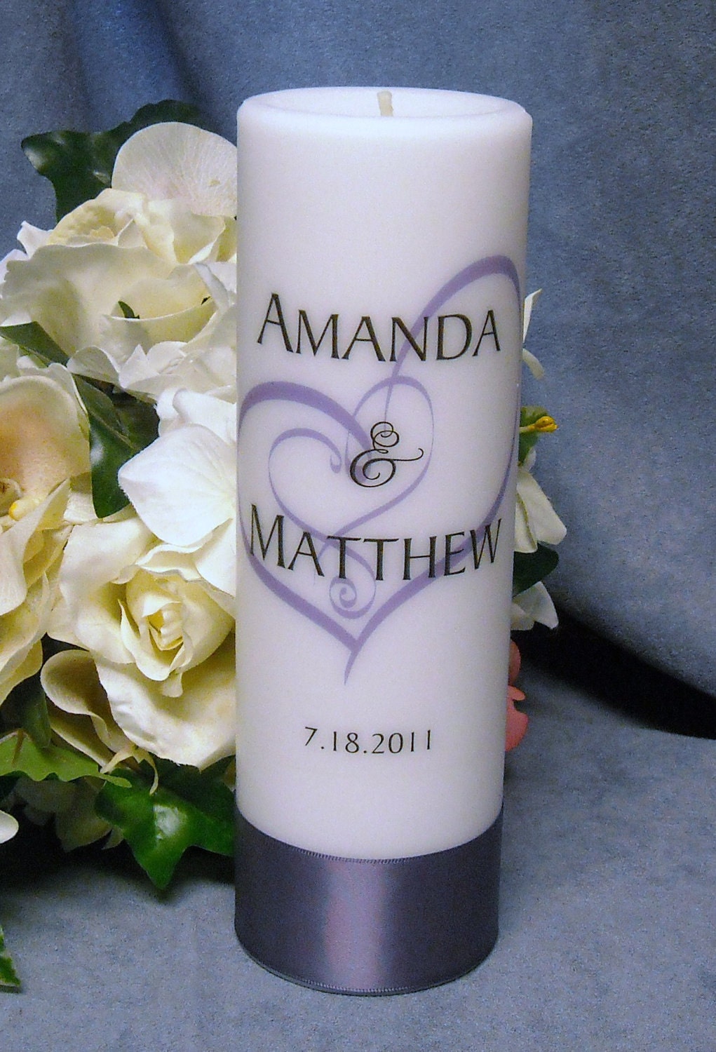 Unity Candle With Tapers Heart Design Personalized - Your choice of color