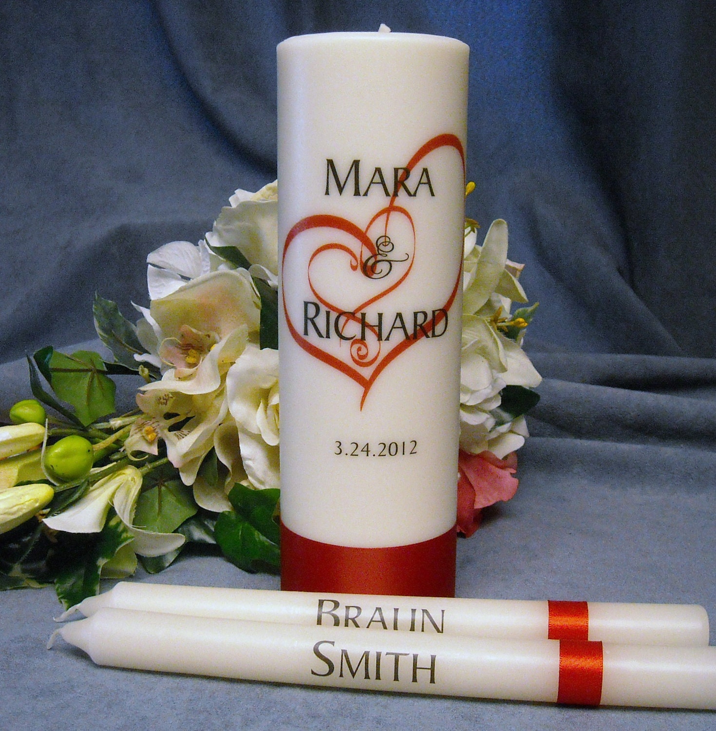 Unity Candle With Tapers Heart Design Personalized - Your choice of color