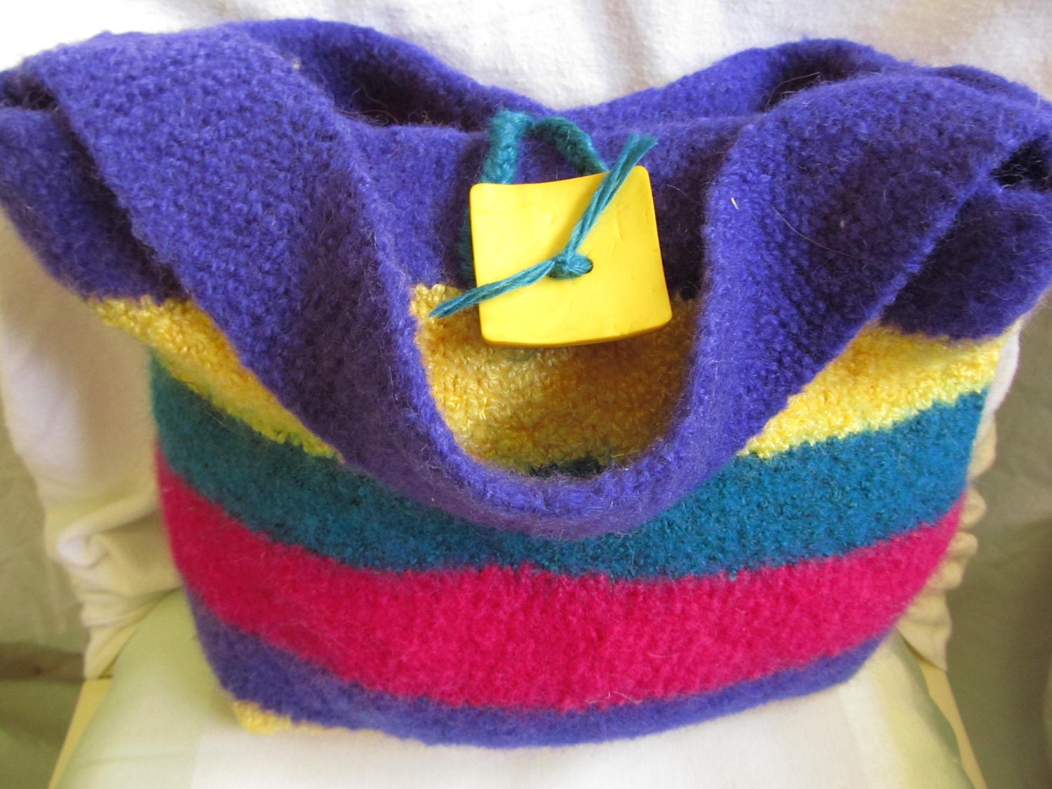 Felted Bag: Serendipity. Purple, yellow, turquoise, and fuschia stripe this small felted gypsy bag.