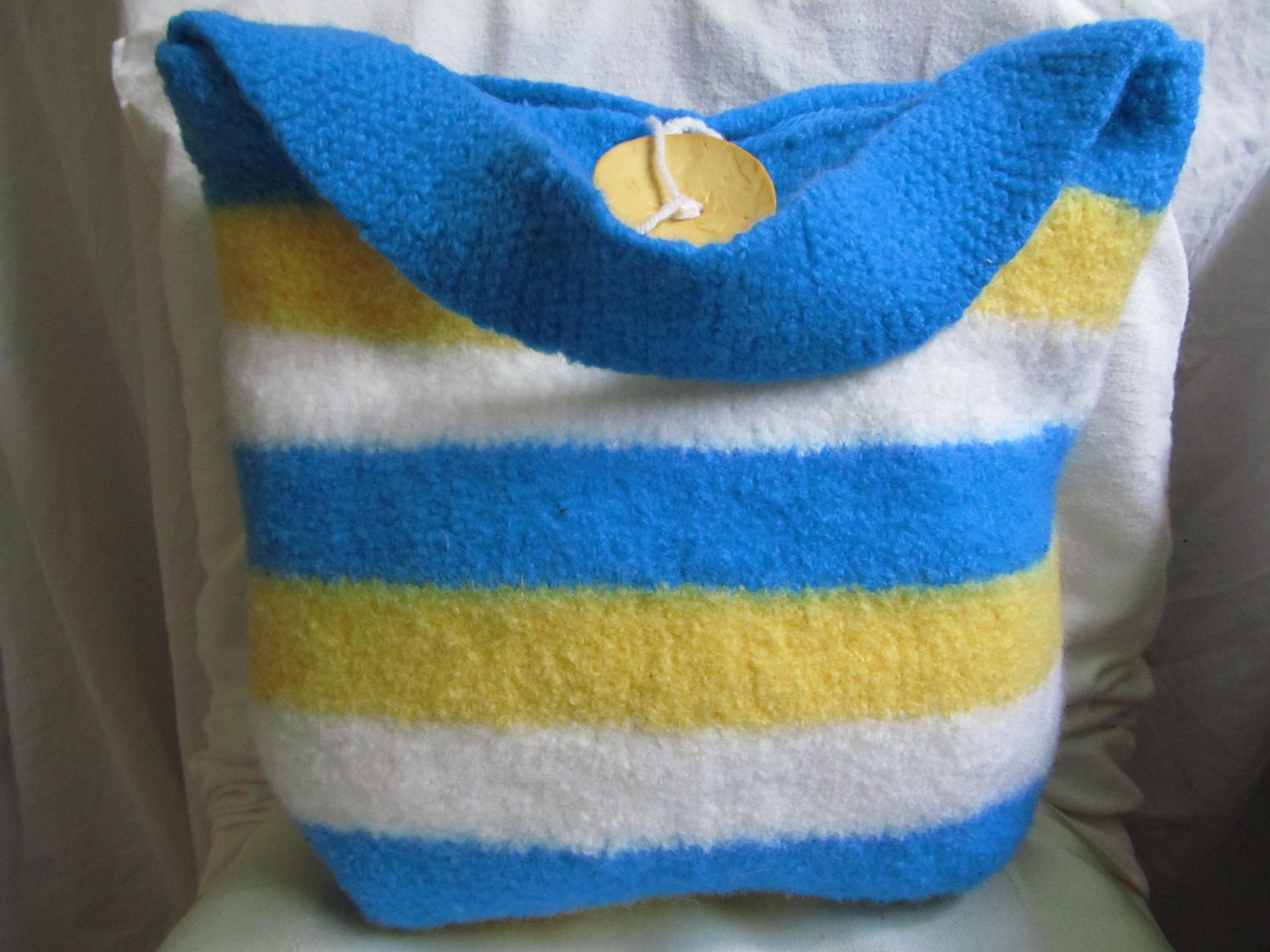 Felted Bag: Key Largo. Sea blue turquoise and sunshine yellow and frothy white stripe this large felted gypsy bag.