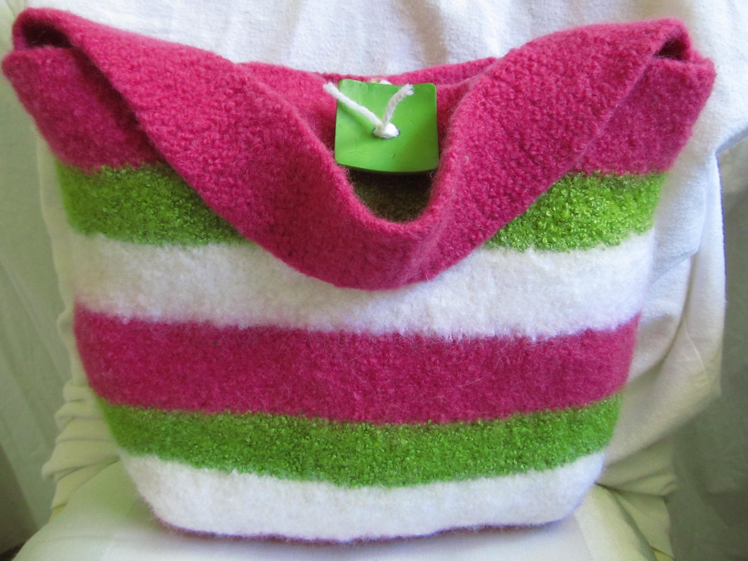 Felted Bag: Watermelon Slices. Deep pink, bright green and white stripe this medium felted gypsy bag.