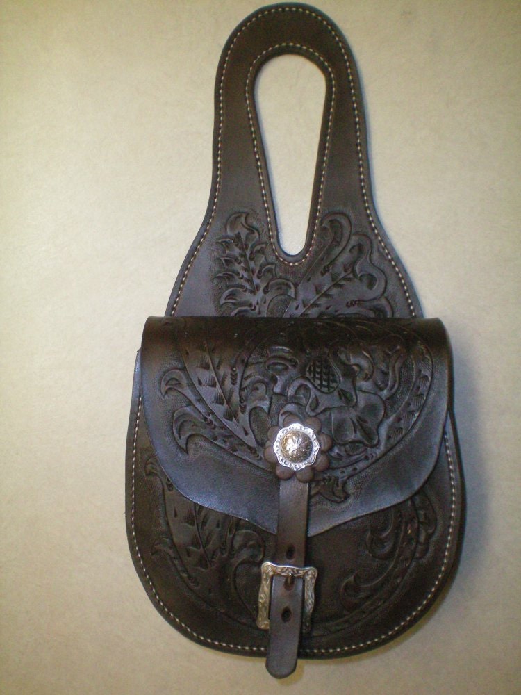Deep Chocolate Tooled Saddle Horn Bag by jvcustomleather on Etsy