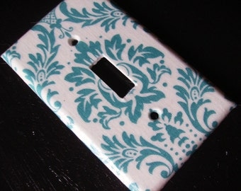 Blue and Off White Damask single Light Switch Plate Cover