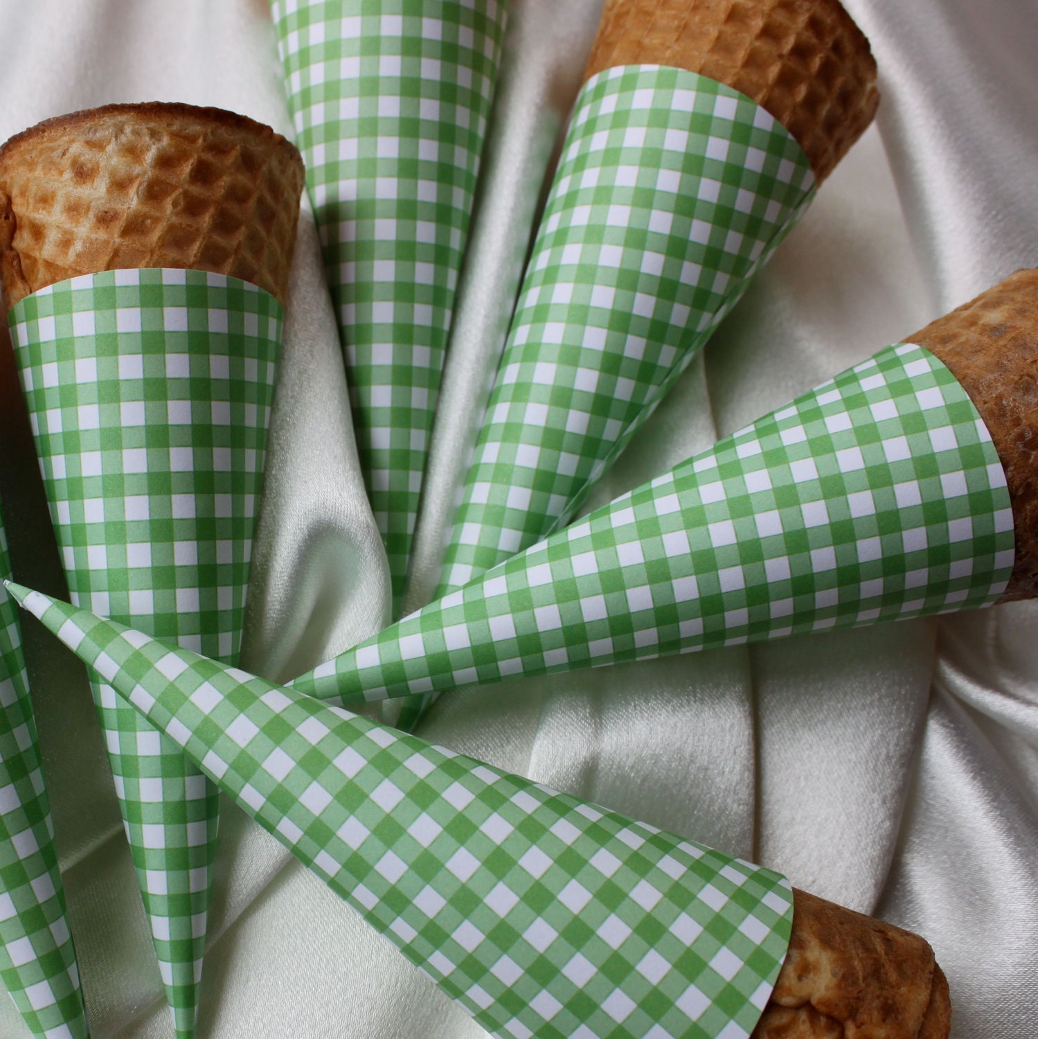 RESERVED- Green Gingham Ice Cream Cone Sleeves (Set of 65)