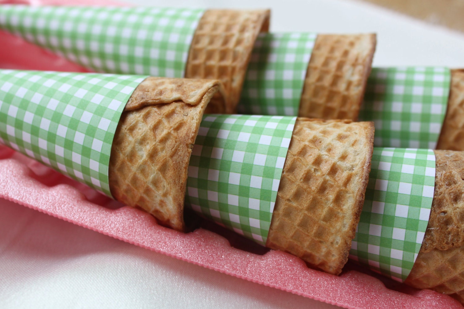 RESERVED- Green Gingham Ice Cream Cone Sleeves (Set of 65)