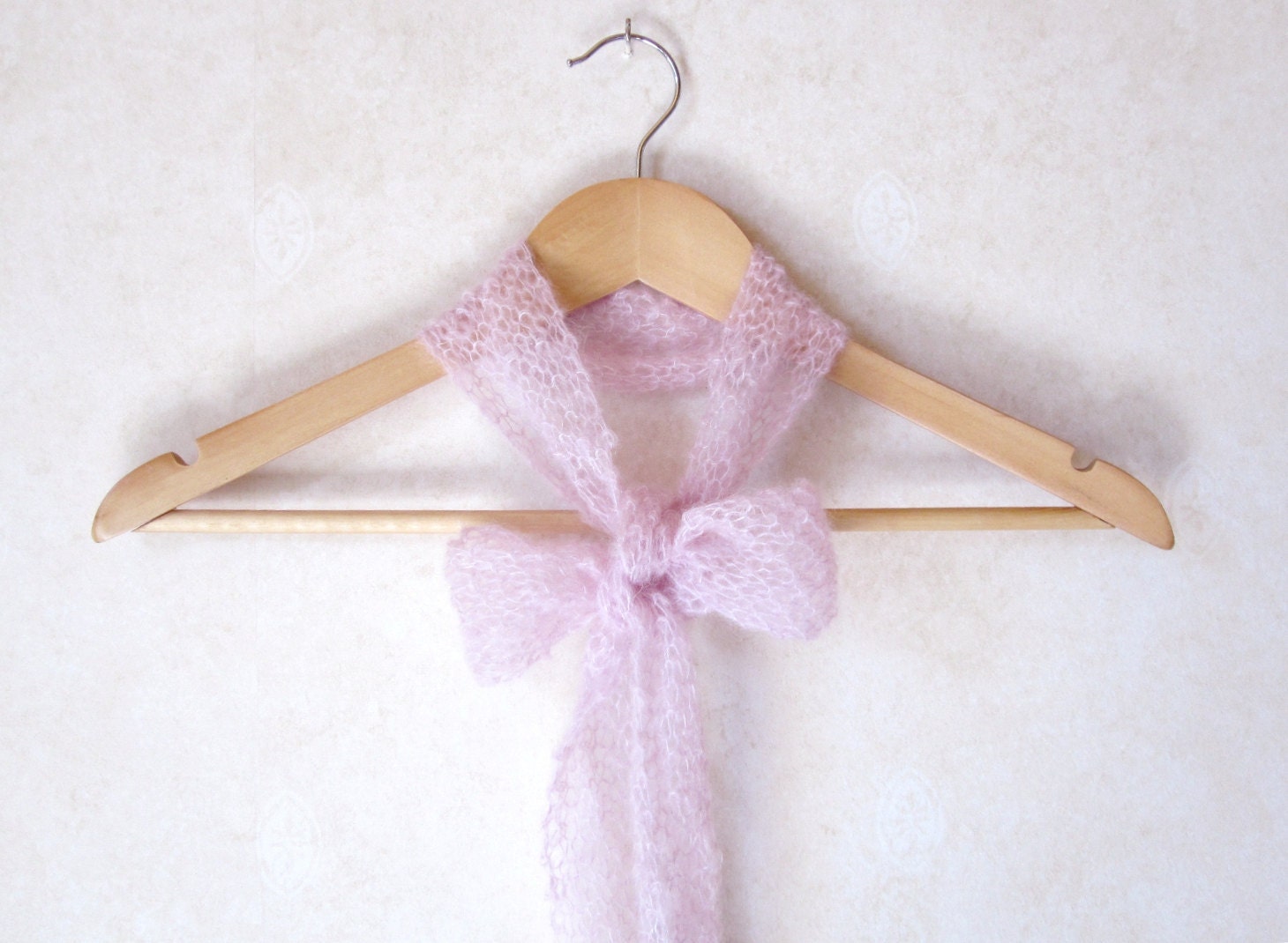 Women NeckTie Bow Tie Scarflette Lacy Handknitted Light Pink Mohair Wool Valentine Soldeshiver Wintersales - DoucesLaines