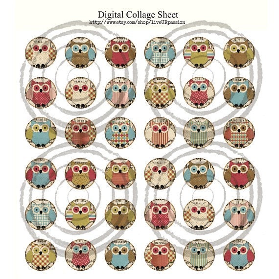0162- Digital Collage Sheet 1 inch circles Vintage Paper Newspaper Owls Birds Altered Art Jewelry Craft Necklaces Mixed Media Slides Magnets