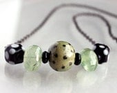 Green Necklace, Black Necklace, Kazuri, Lampwork, Prehnite, Simple, Beadwork, Beaded, Single Strand