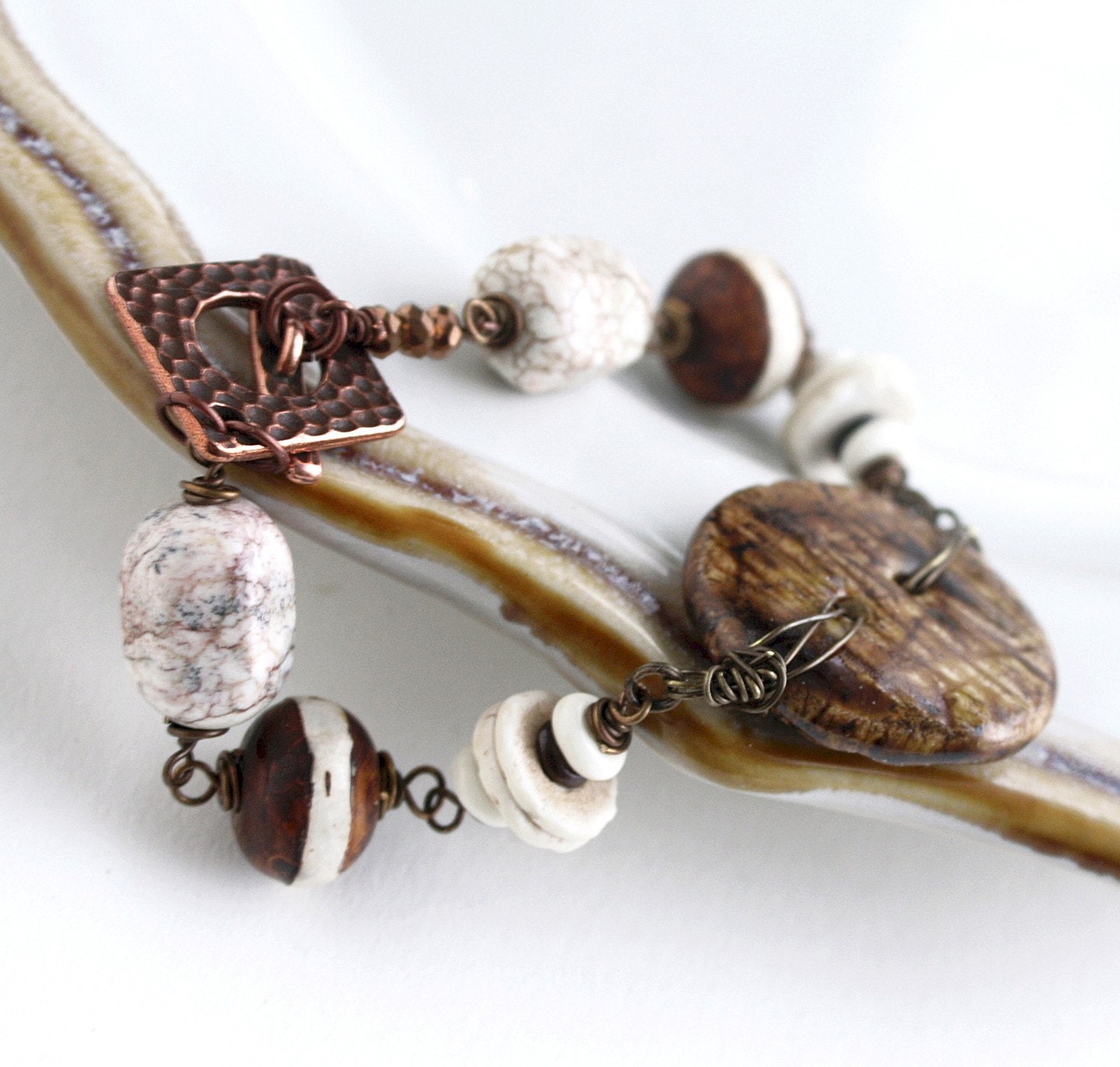 Button Bracelet, Brown White Bracelet, Beaded, Beadwork Bracelet, Wire wrapped