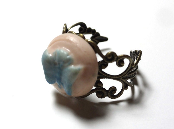 Butterfly Cameo Ring - Polymer Clay Hand Painted Cabochon on a Bronze Metal Filigree Adjustable Ring