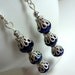 Dangling Dark Blue Earrings - Sparkling Crystal with Silver Filigree Caps on Hooks or Clip Ons