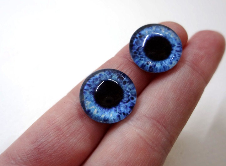 16mm Bright Blue Glass Eye Cabochons - Evil Eyes for Doll or Jewelry Making - Set of 2
