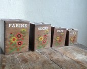 wooden kitchen containers, sugar and salt ,  French vintage housewares by ancienesthetique on etsy