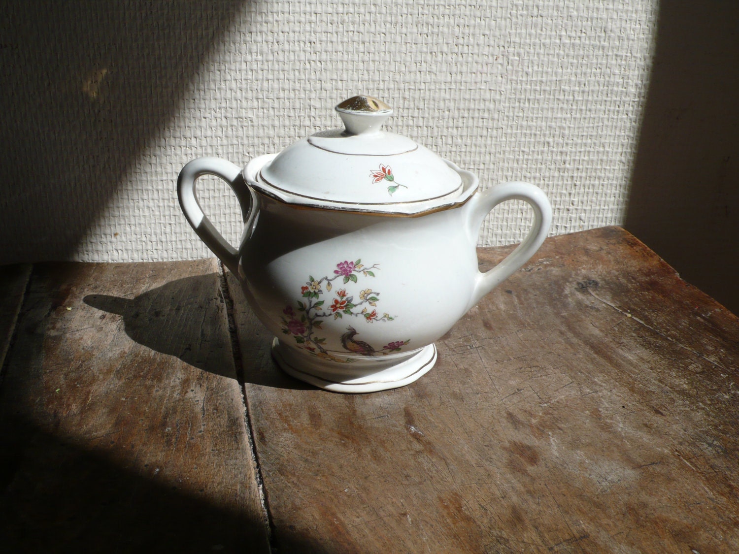 Antique sugar pot, kitchen bowl, french, flower, bird, Digoin, sarreguemines, vintage country