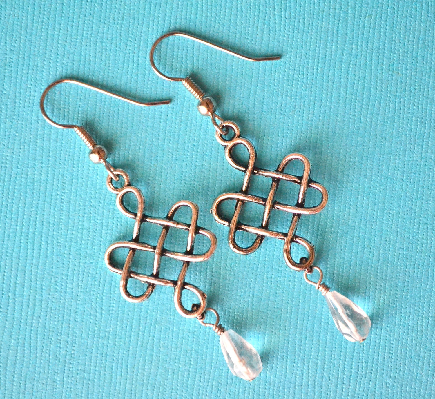 Quartz Crystal Gemstone Briolettes . Silver Celtic Knot Charms . Earrings