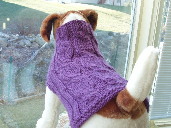 Dog Sweater Hand Knit Lavender Cable Pure Wool Medium