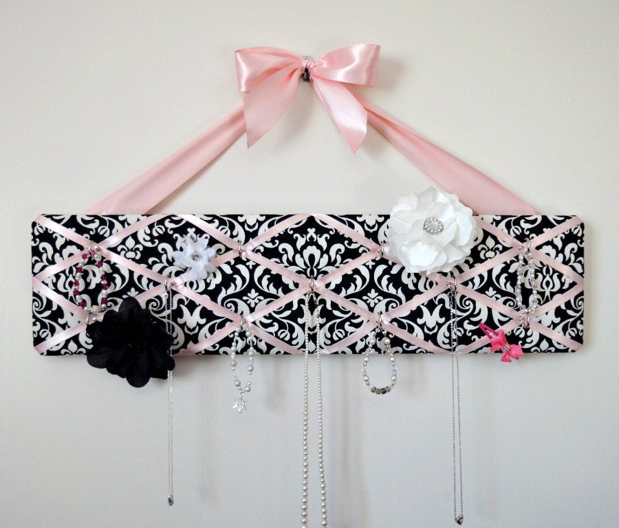 Girls Original French Jewelry Hanger - DeLux - Black and Cream Damask with Pink Bow - READY TO SHIP