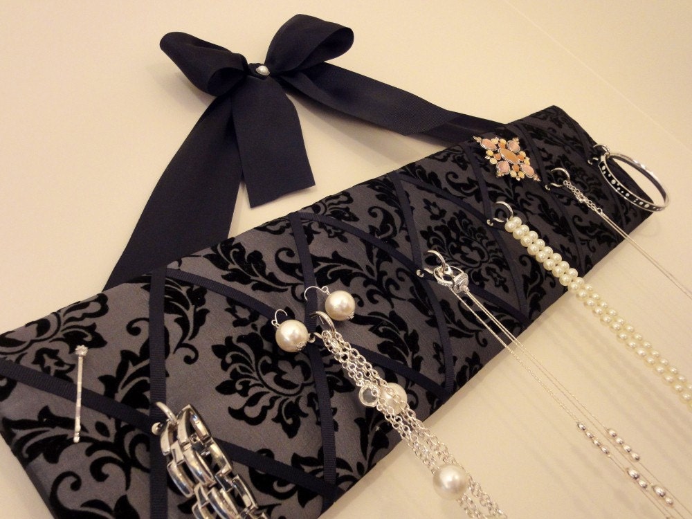 Original French Jewelry Hanger - Flocked Black Damask on Pewter Satin