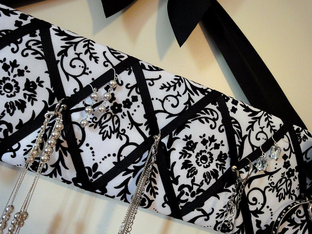 Original French Jewelry Hanger - Flocked Black and White Damask Satin with Black Bow - Ready to Ship