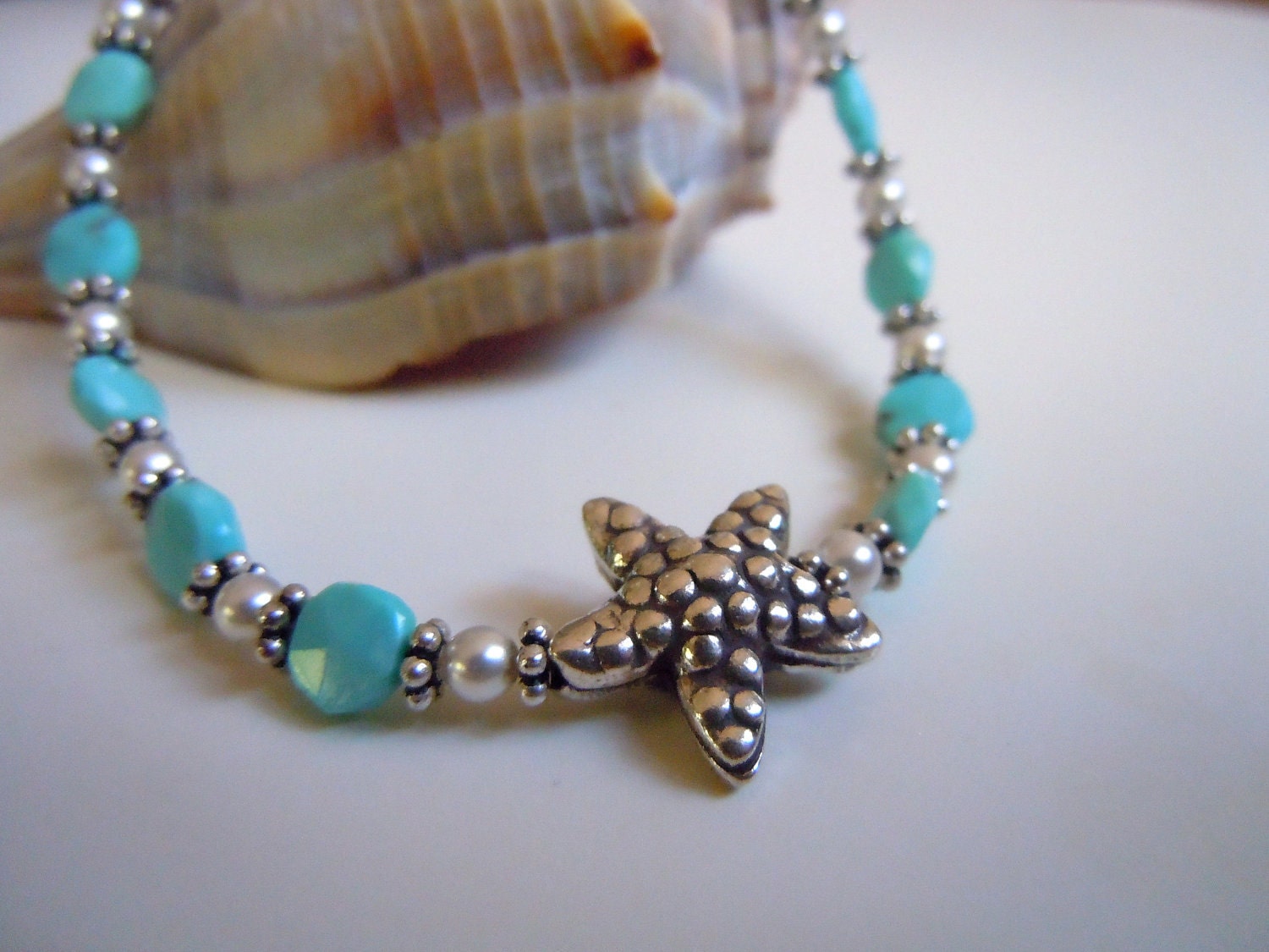Turquoise Starfish Bracelet,  Pearls & Turquoise, Sterling Silver Bracelet , Beachy Jewelry