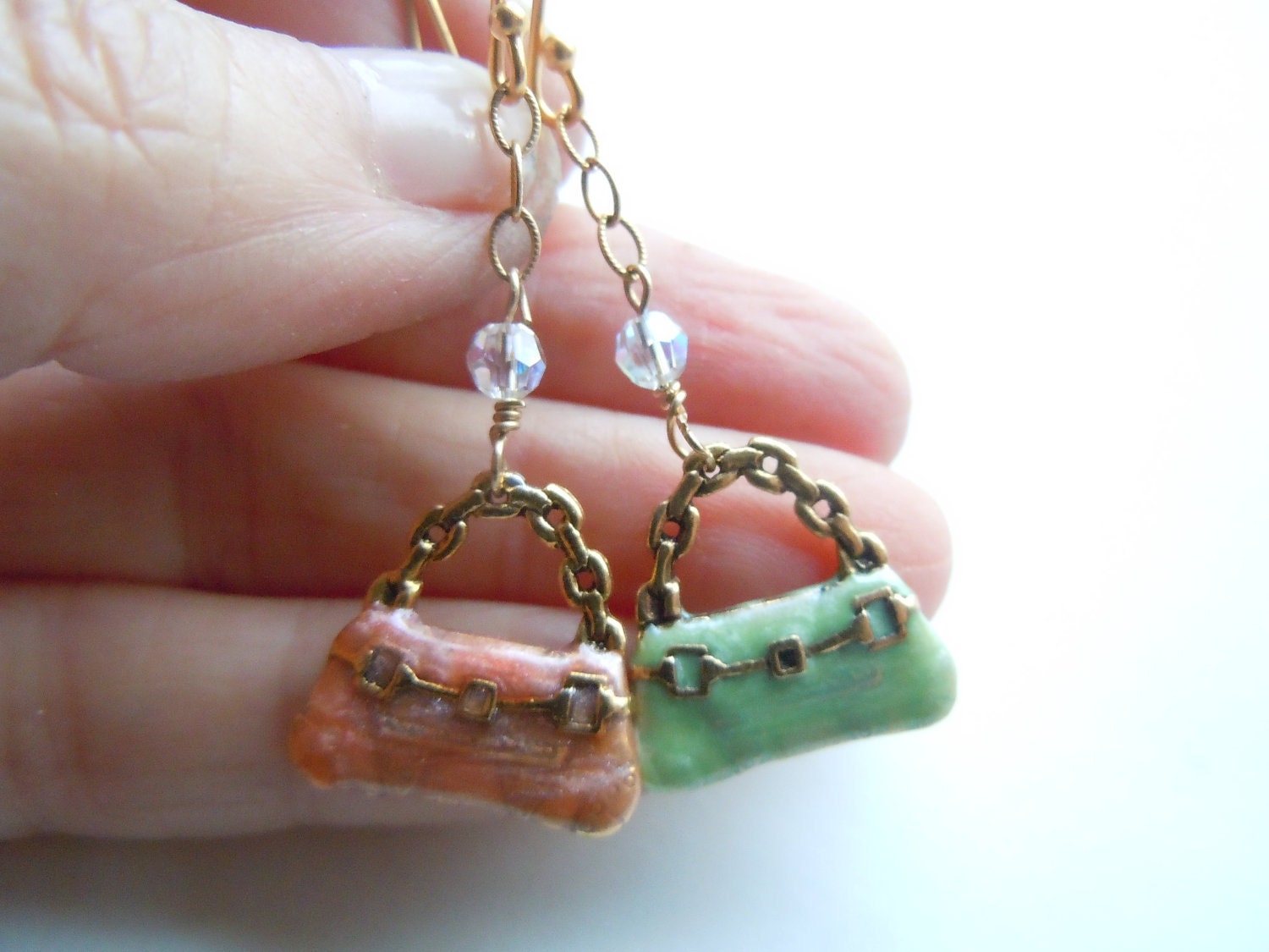 Enamel Purse Earrings, Designer Purse,  Pink, Mint Green Enamel,Vermeil