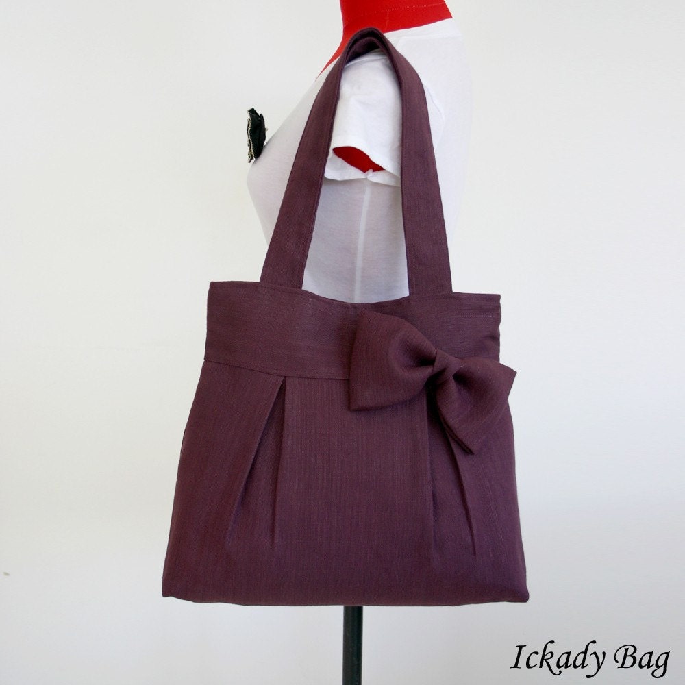 Last One - Deep Purple / Plum Pleated Hemp / Cotton Tote Bag with Big Bow - Ready to Ship