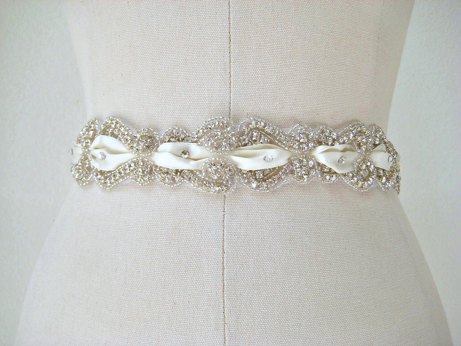 Bridal beaded scroll crystal rhinestone wedding sash/belt. CRYSTAL SCROLL