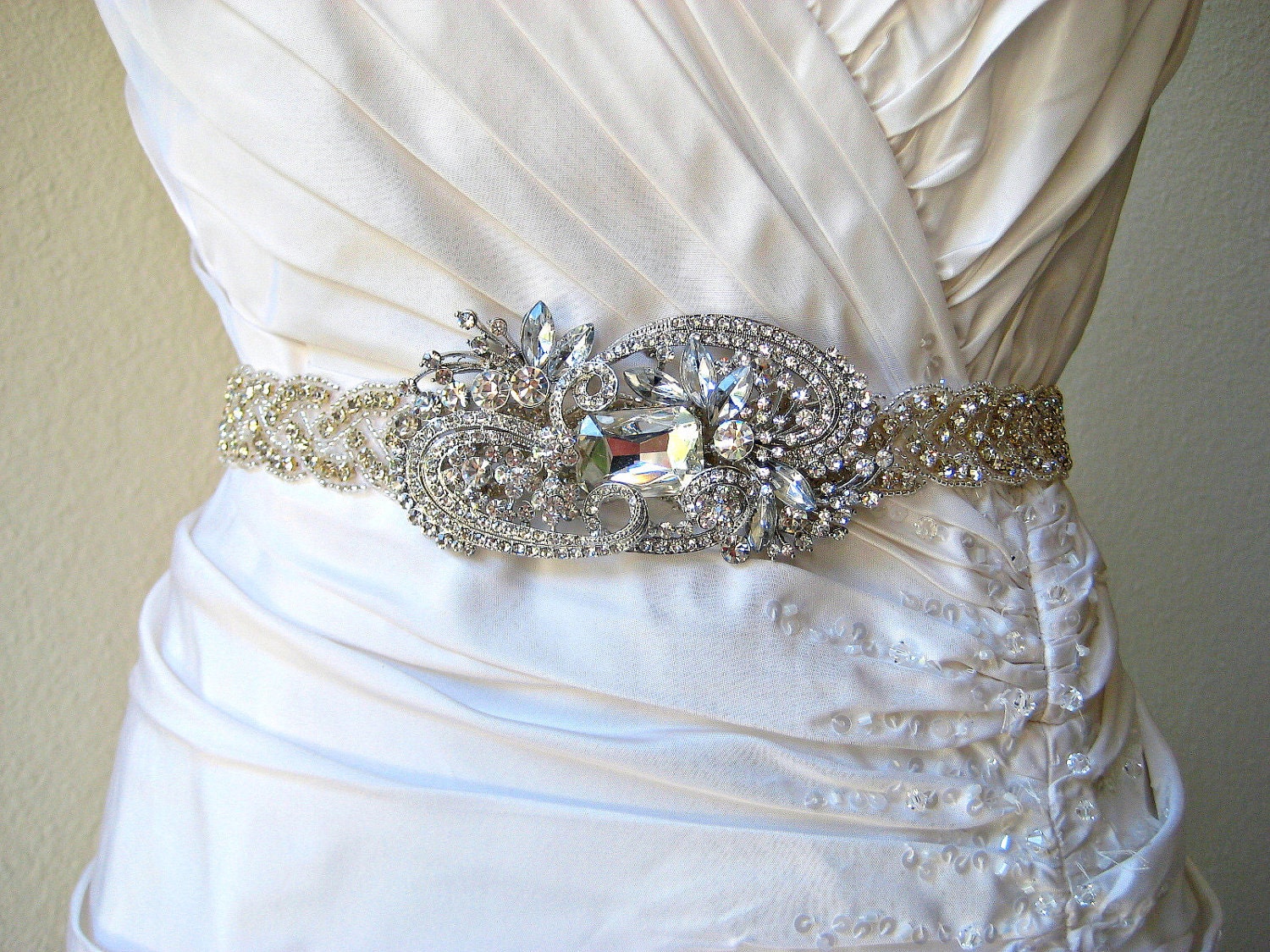 Bridal wedding beaded crystal sash/belt with exquisite swarovski crystal jewel.  HAUTE ELEGANCE.