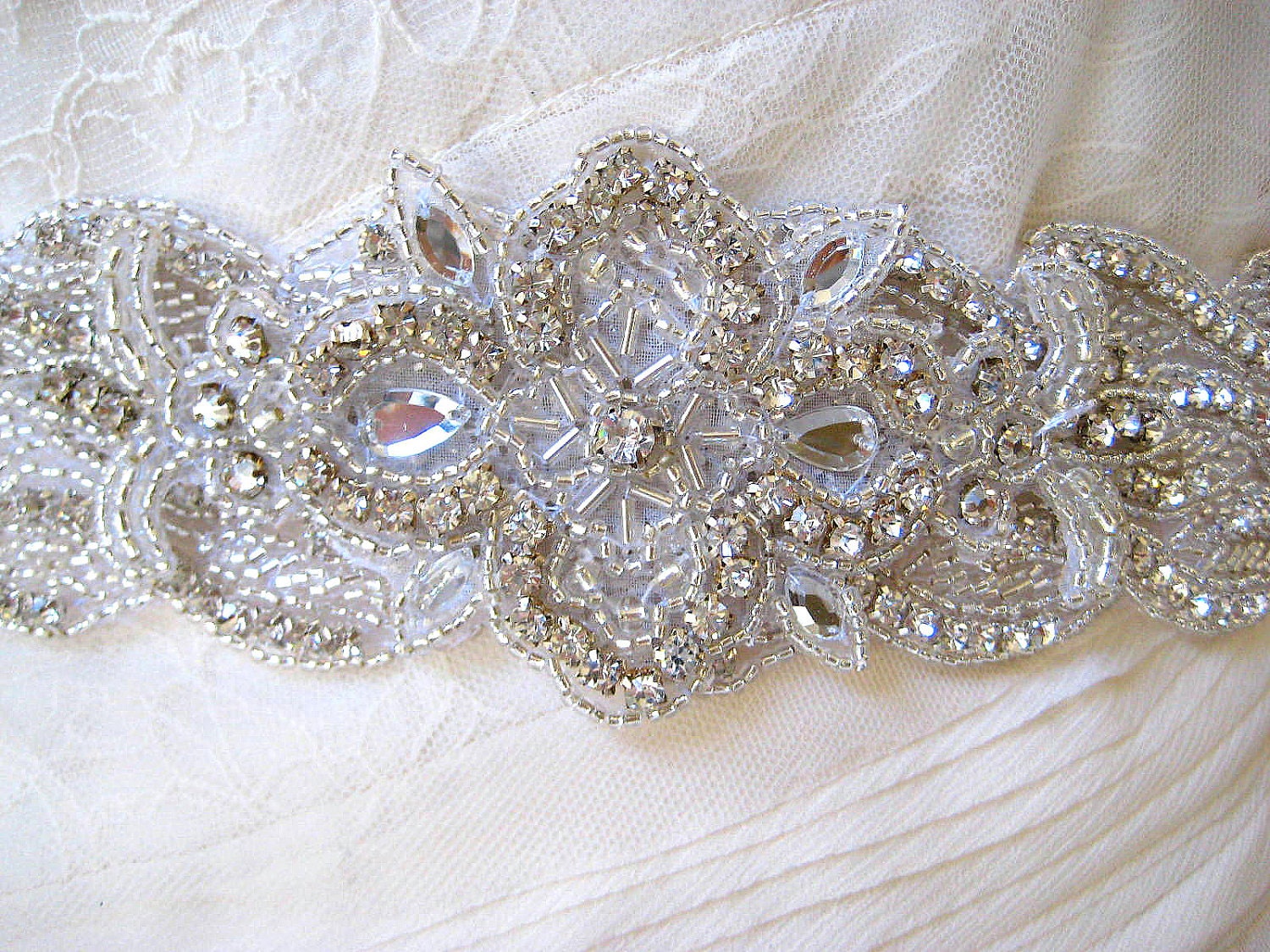 Bridal wedding beaded crystal sash/belt with elegant art deco applique. FRENCH DECO.