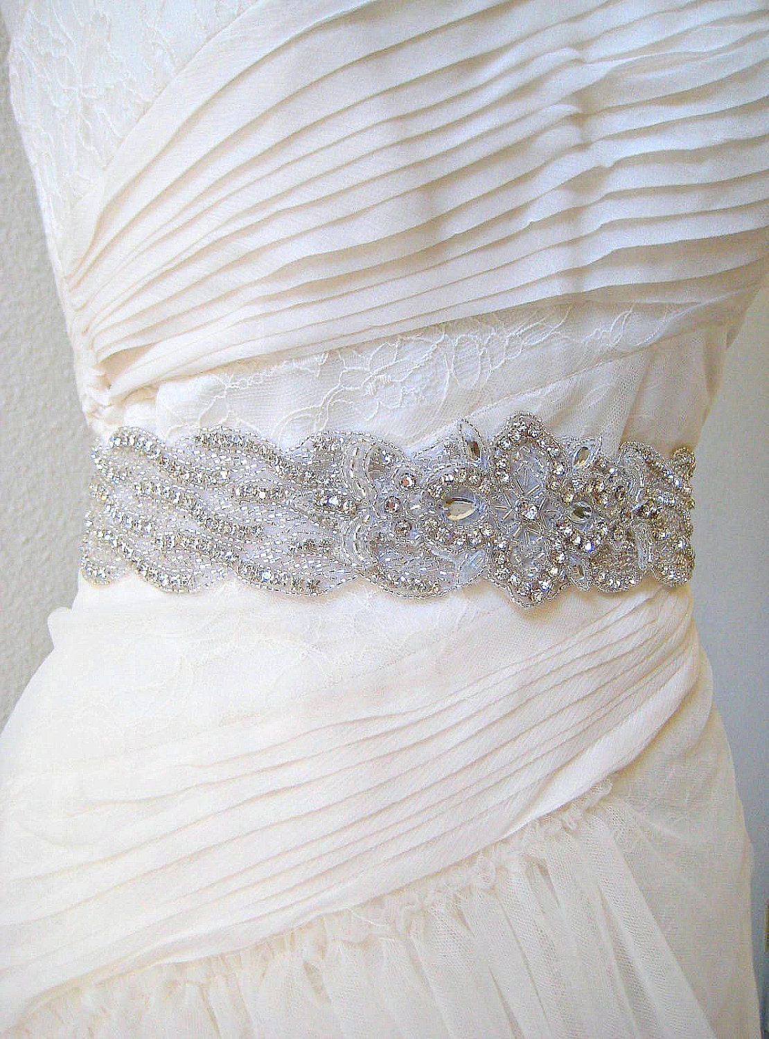 Bridal wedding beaded crystal sash/belt with elegant art deco applique. FRENCH DECO.