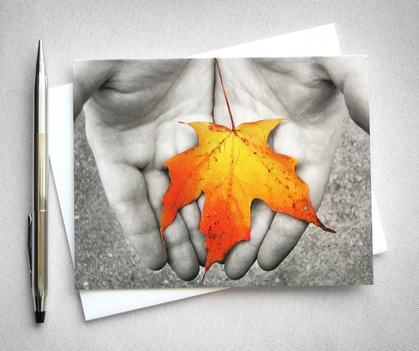 Orange Autumn Leaf in Hands photo card (Life) - RedLetterPaperCo