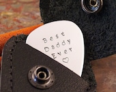 Guitar Pick key chain with leather case - Hand Stamped Personalized Aluminum - Best Daddy Ever