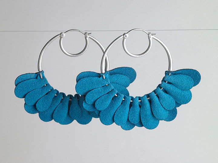 Turquoise Flutter Hoop Earrings in Sterling Silver & Fabric