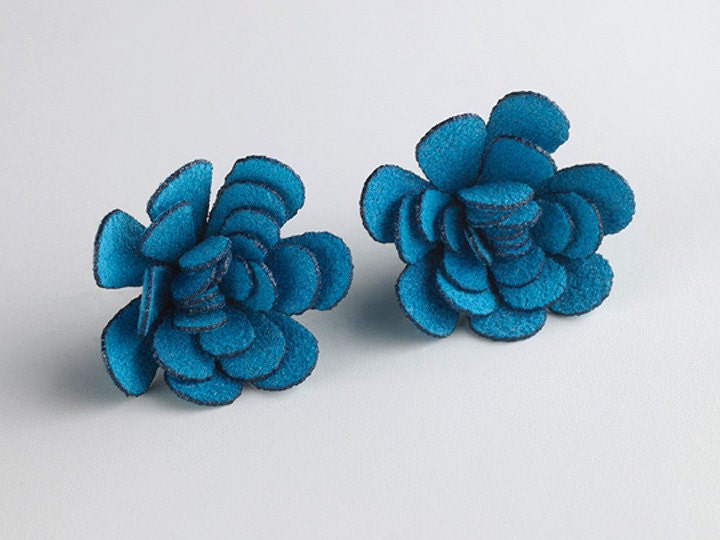 Turquoise Fabric Flower Earrings in Sterling Silver, sz Medium