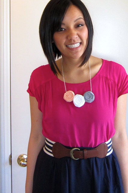 Trio of Grey, White, and Peach Rolled Rosette Necklace
