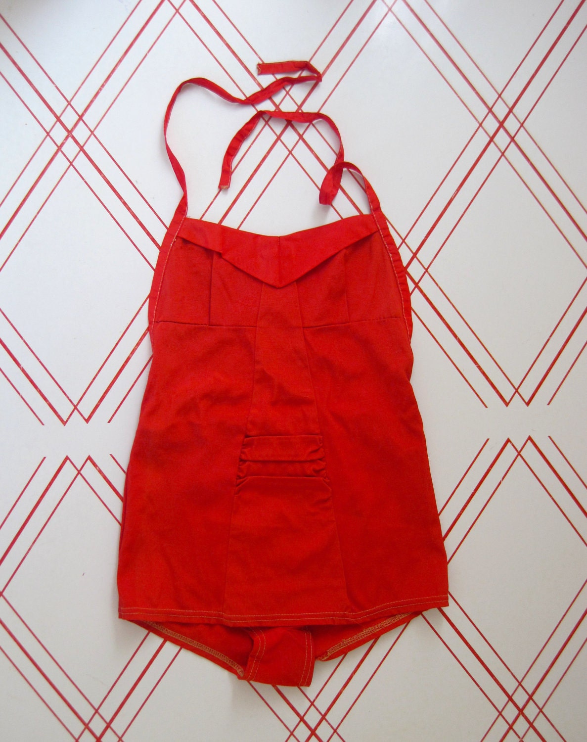 40s 50s Red Halter Swim Suit BOMBSHELL Beautiful Details Size S