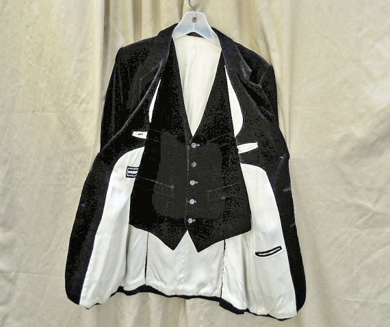 Mens Jacket & Vest // 80s Black Vintage Velveteen Blazer and Vest Ensemble // White Satin Lining