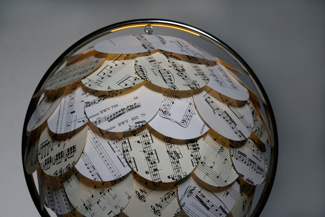 Sheet Music Table Light with Metal Stand - Paper Shingles Covered Artichoke Lantern Light
