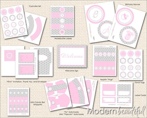 INSTANT DOWNLOAD Pink and Grey Damask Baby Shower Printable Party Package Chic Il_570xn