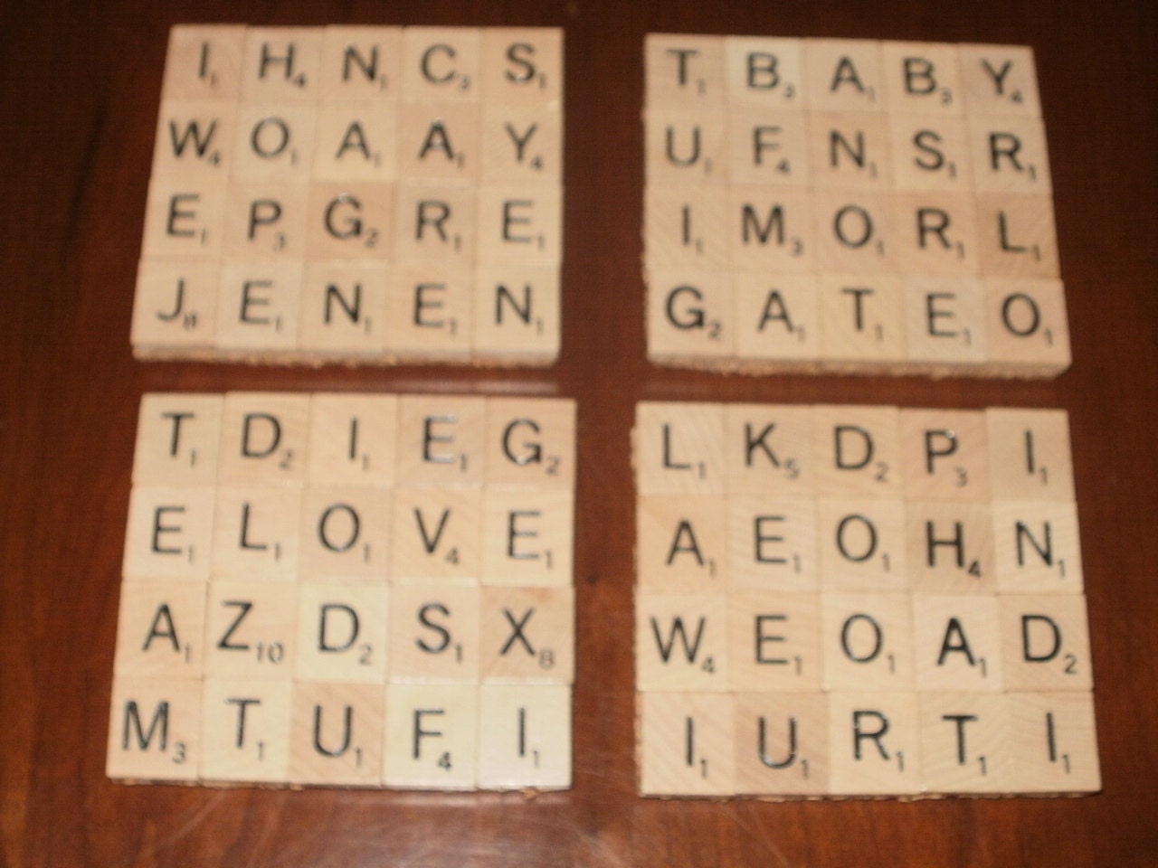 Scrabble Coasters - Set of 4...Made with 80 Scrabble Tiles...Full Cork Bottom not Felt...FREE SHIPPING