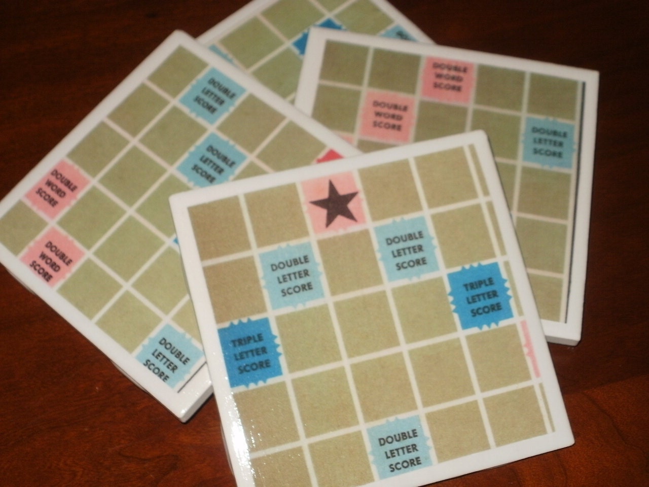 Scrabble Board Tile Coasters...Set of 4...Vintage Background...Full Cork Bottom...For Drinks or Candles