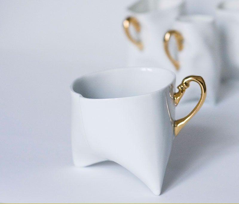 Coffee cup - unique coffee mug or tea cup white with gold, contemporary ceramic cup handmade by Endesign