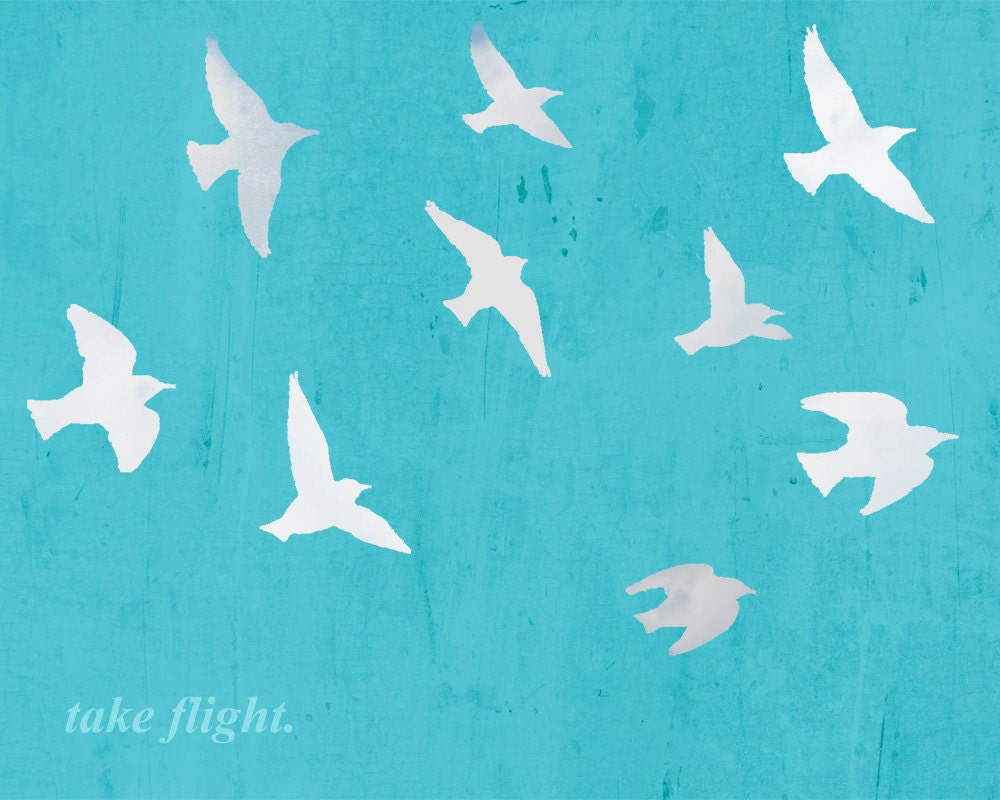 Birds in flight blue silhouette typography motivational inspirational Dorm decor - 8 x 10 art print by Dawn Smith