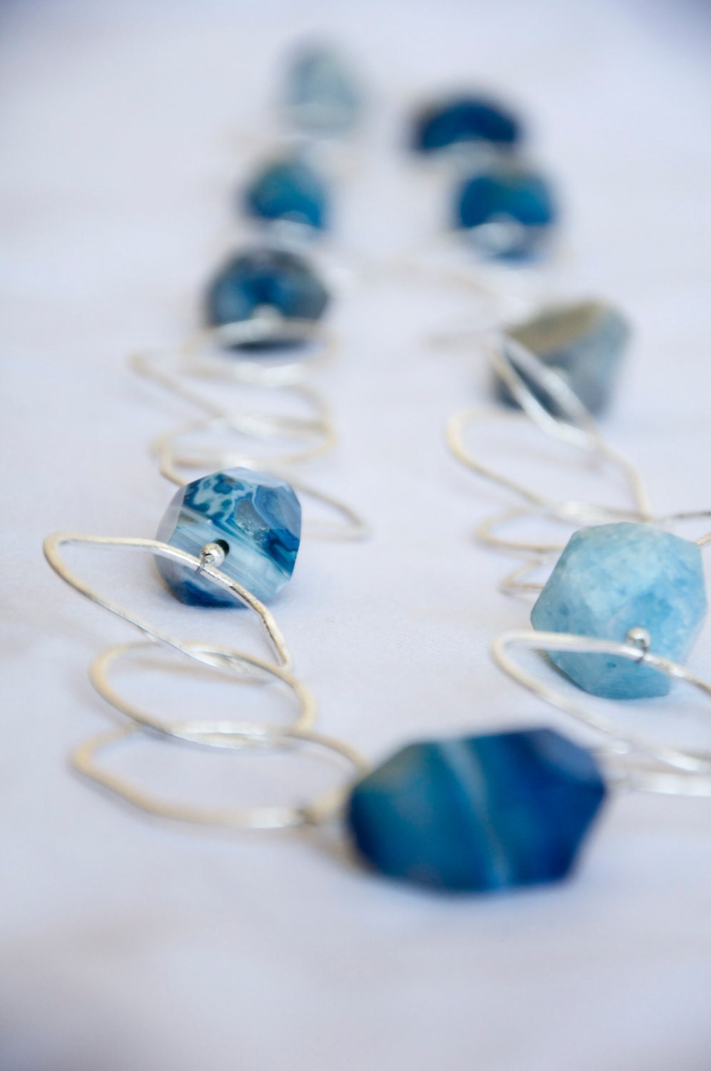 Long, Funky Chain Necklace with Blue Agate Nuggets