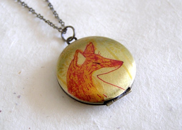 Fox Locket Necklace Cable Chain Illustration Art Pendant
